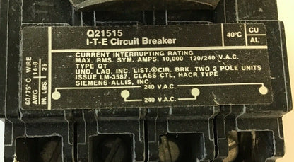 ITE Q21515 CIRCUIT BREAKER 120/240VAC 2POLE 15A 1