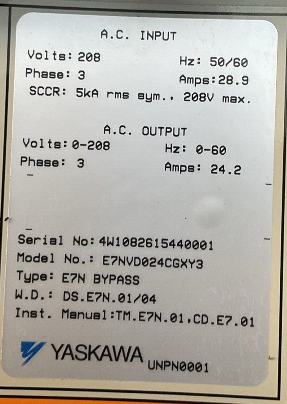 YASKAWA E7NVD024CGXY3 E7 DRIVE BYPASS OUTPUT 0-200VAC 3PH 24.2A INPUT 200VAC 3PH1