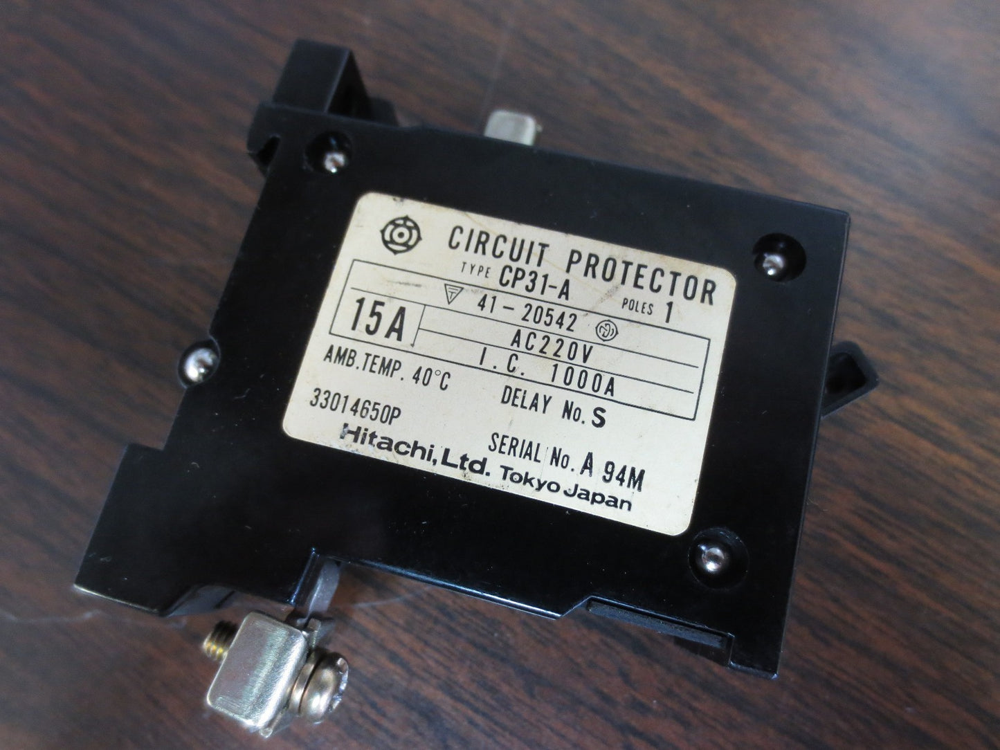HITACHI CP31-A CIRCUIT PROTECTOR 15A 220VAC 1-POLE DELAY No. S1