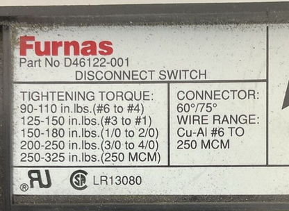 FURNAS D46122-001 DISCONNECT SWITCH 200AMP LPS-RK-150SP 150A 600VAC 300VDC FUSE2