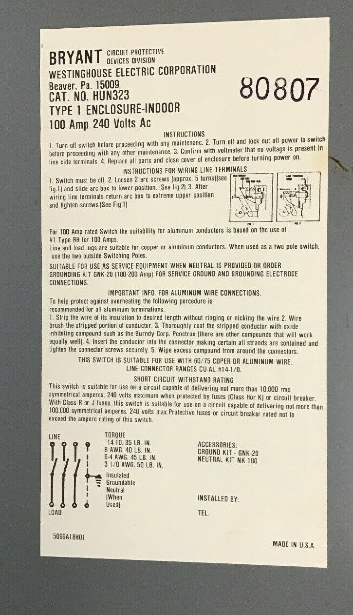 WESTINGHOUSE HUN323 SAFETY SWITCH 100A 240VAC TYPE1 ENCLOSURE-INDOOR8