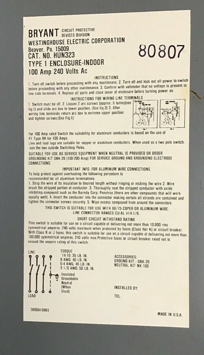 WESTINGHOUSE HUN323 SAFETY SWITCH 100A 240VAC TYPE1 ENCLOSURE-INDOOR8