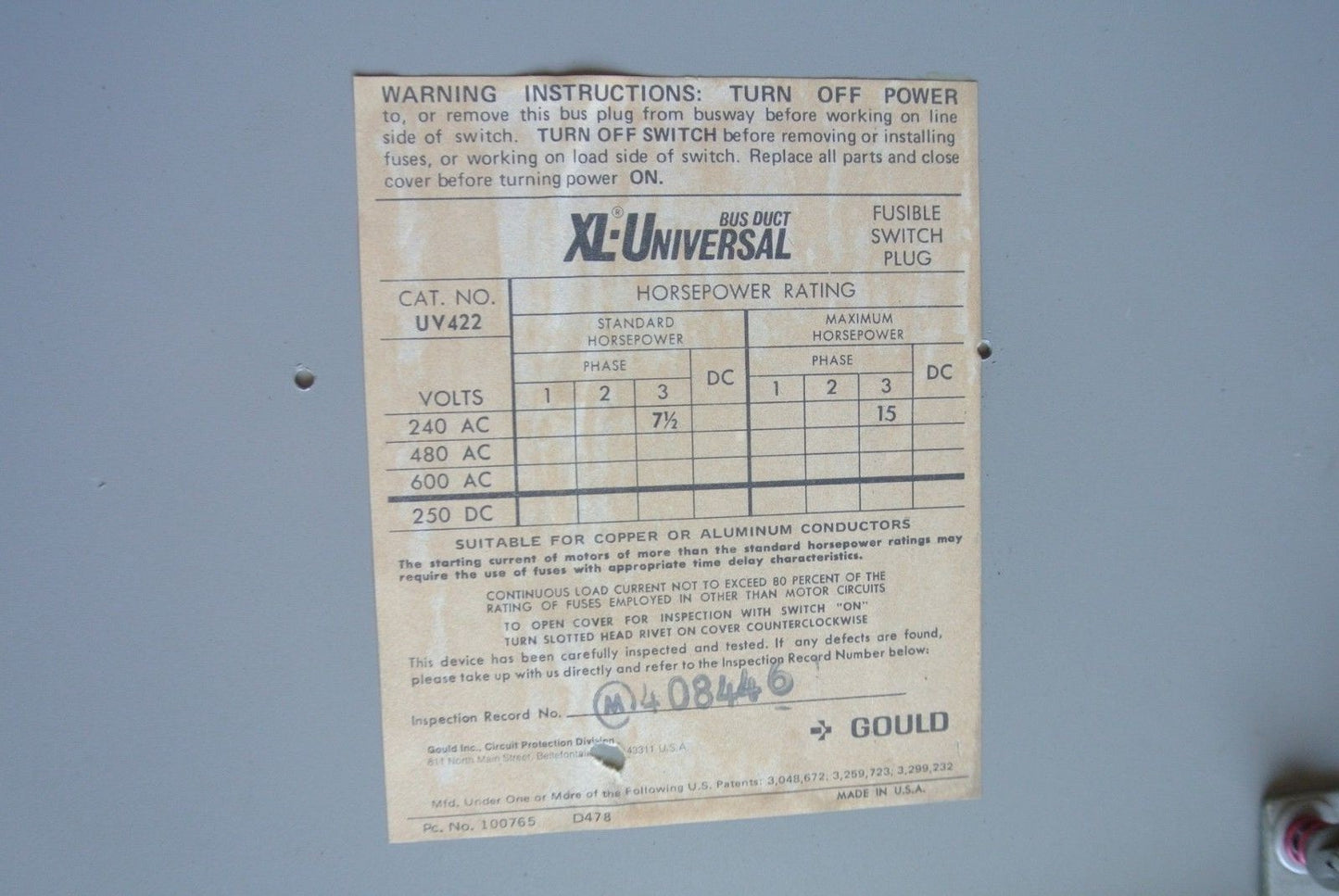 I-T-E UV422 - FUSIBLE BUS PLUG - 240V, 60A3