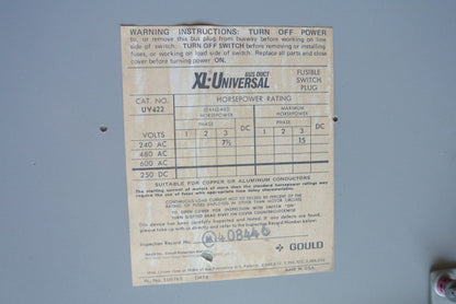 I-T-E UV422 - FUSIBLE BUS PLUG - 240V, 60A3