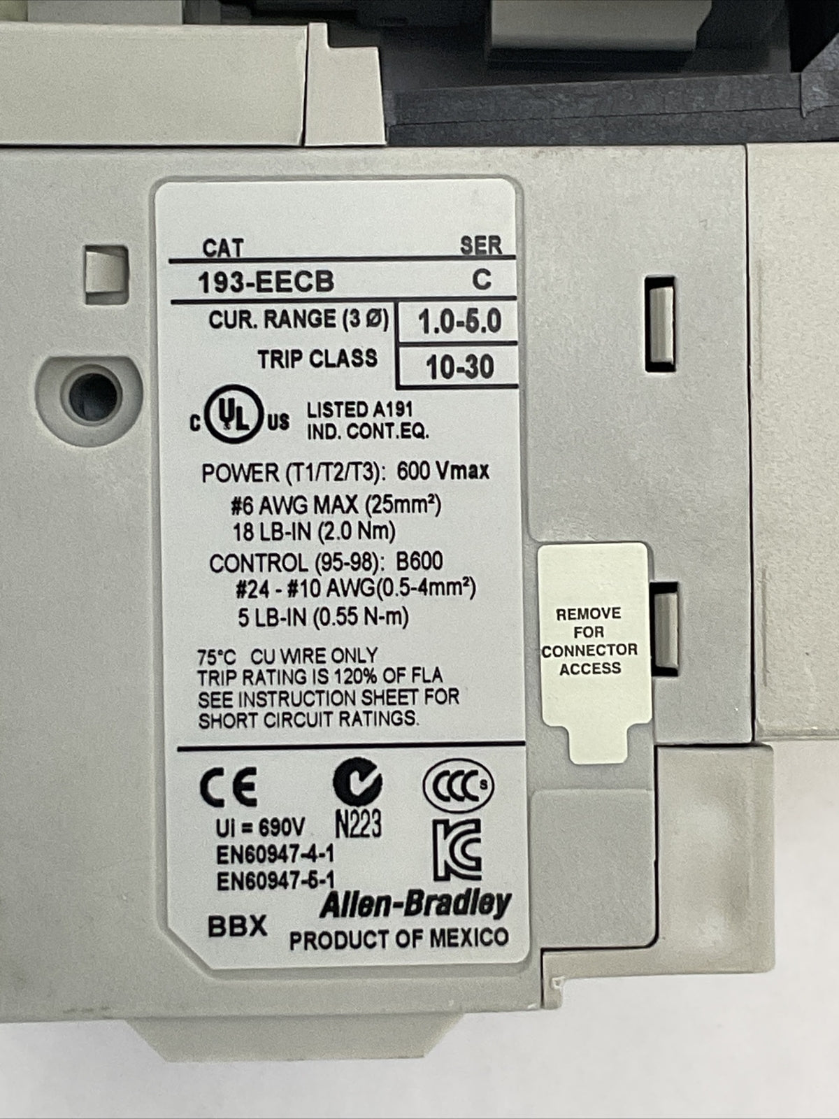 ALLEN BRADLEY 309-AOEJ-EEC (300-AOE*930+193-EECB) 600VAC 18A 3PH 5HP COIL 24VDC2