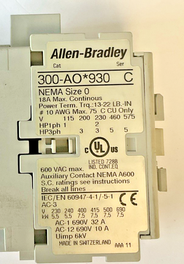 ALLEN BRADLEY 300-AO*930 CONTACTOR SER.C 600VAC SIZE 03