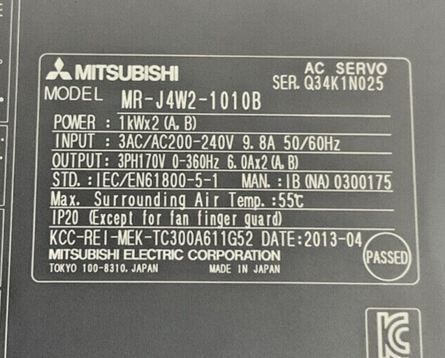 MITSUBISHI MR-J4W2-1010B SERVO DRIVE MODULE 1KWx2 240VAC 908A 50/60HZ1