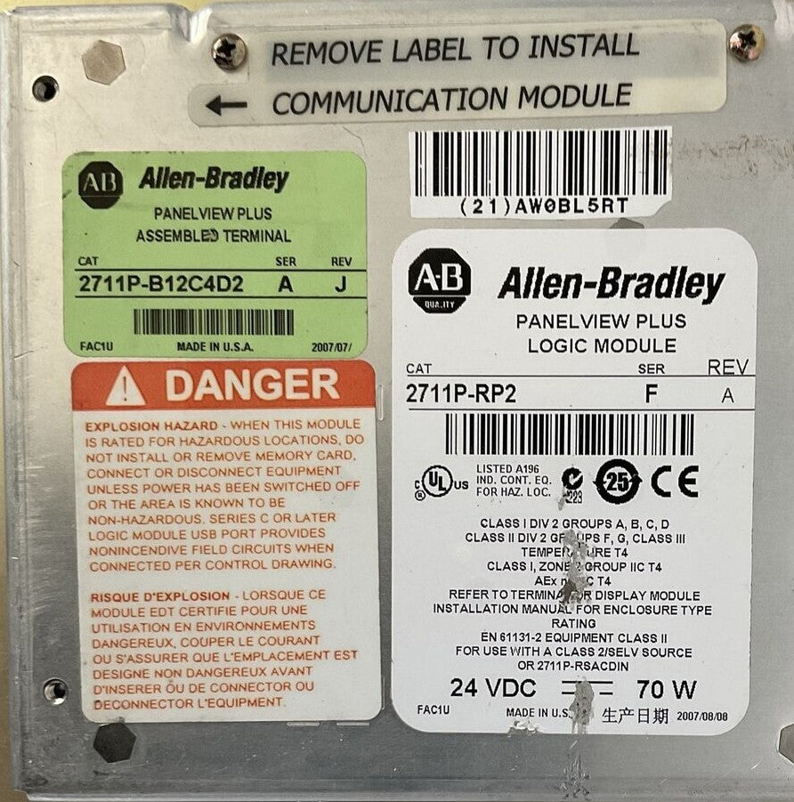 ALLEN BRADLEY 2711P-B12C4D2 SER A REV J 2711P-RP2 SER F REV A 24VDC 70W1