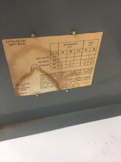 SYLVANIA QSFT353B TWIN PANELBOARD FUSIBLE 30AMP 600VAC 3 POLE 7 1/2 HP5