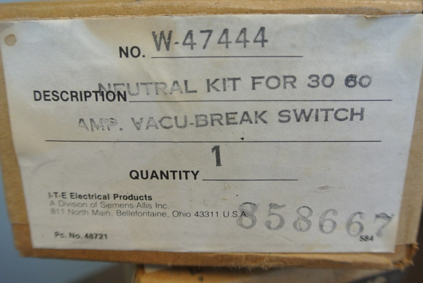 I-T-E W-47444 NEUTRAL KIT for 30 60 AMP VACU-BREAK SWITCH - NEW SURPLUS1
