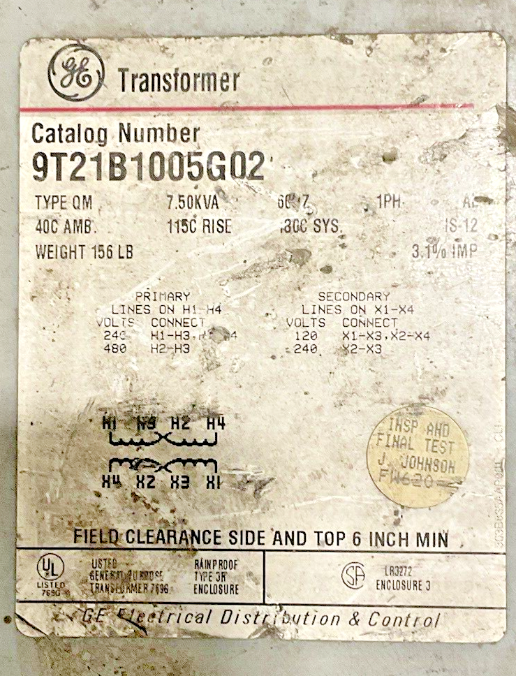 GENERAL ELECTRIC 9T21B1005G02 TRANSFORMER 7.50KVA TYPE QM 1PH2