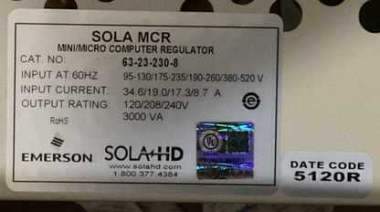 SOLA MCR 63-23-230-8 MINI/MICRO COMPUTER REGULATOR OUTPUT 120/208/240V 3000VA2