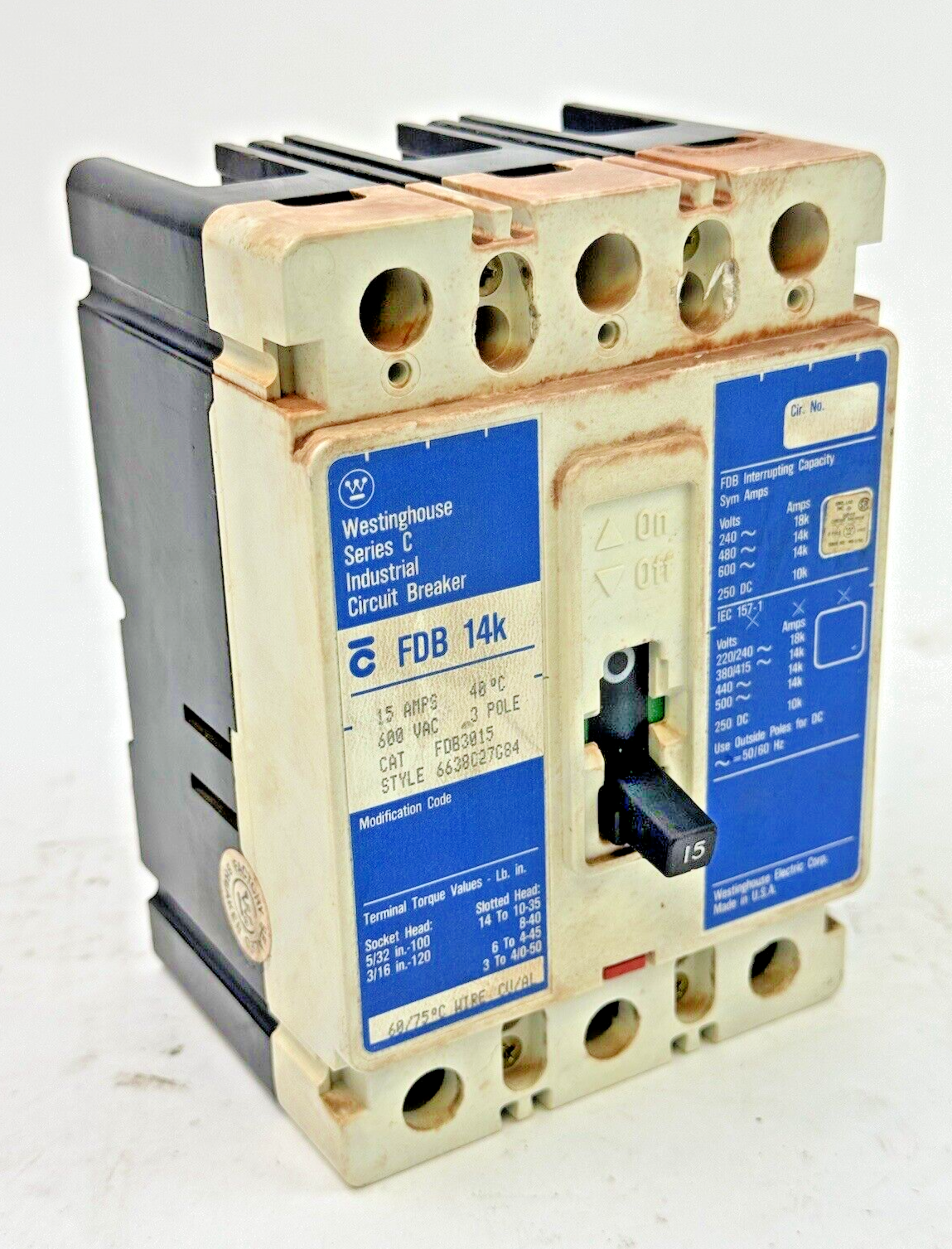 WESTINGHOUSE - FDB3015 - INDUSTRIAL CIRCUIT BREAKER - 3 POLE/ 15 A/ 600 VAC0