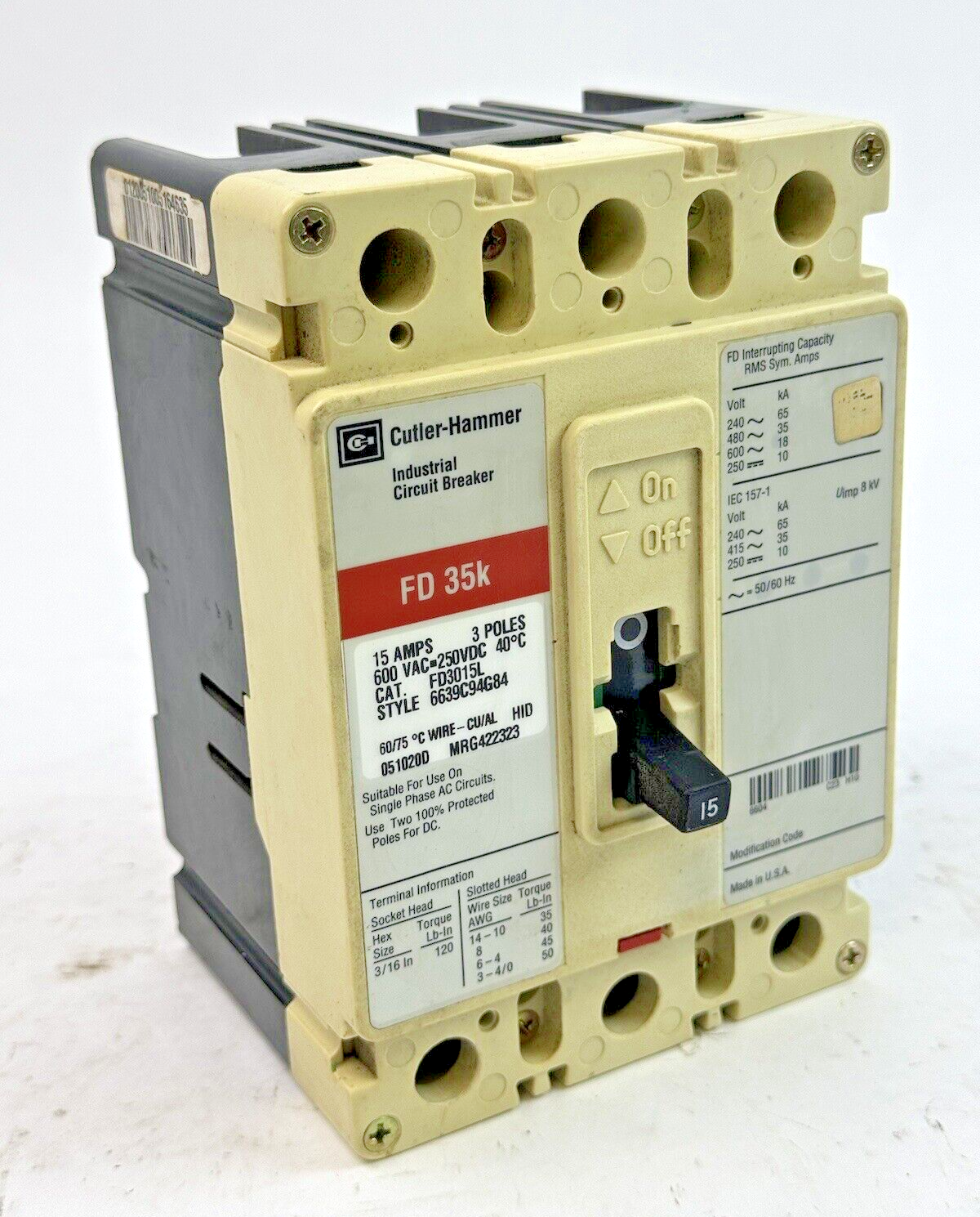 EATON / CUTLER-HAMMMER - FD3015L - CIRCUIT BREAKER - 3 POLE/ 15 A/ 600 VAC0