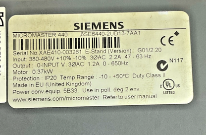 SIEMENS 6SE6440-2UD13-7AA1 FREQUENCY INVERTER MICRMASTER VER. G01/2.206