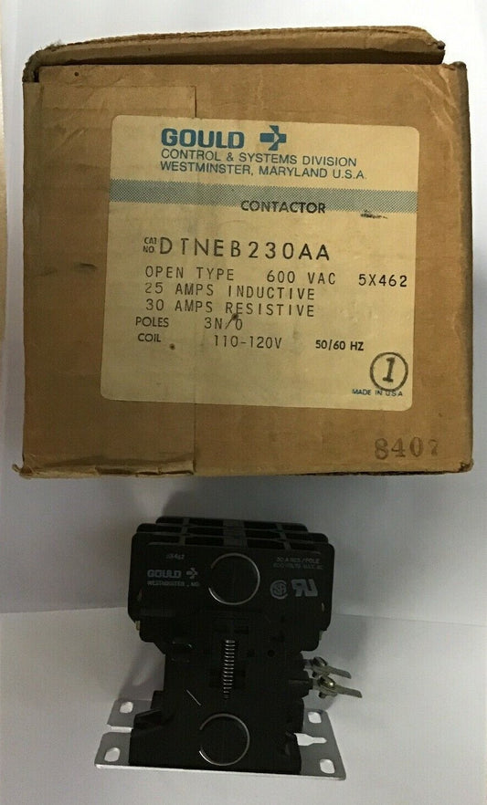 GOULD DTNEB230AA CONTACTOR 600VAC 25AMP INDUC./30AMP RESIS. 3POLE COIL 110-120V0