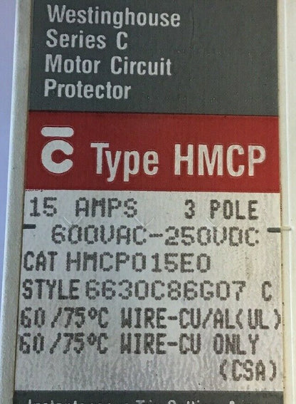 WESTINGHOUSE HMCP015E0  CIRCUIT PROTECTOR SER.C 15AMP 3POLE 600VAC-250VDC 1