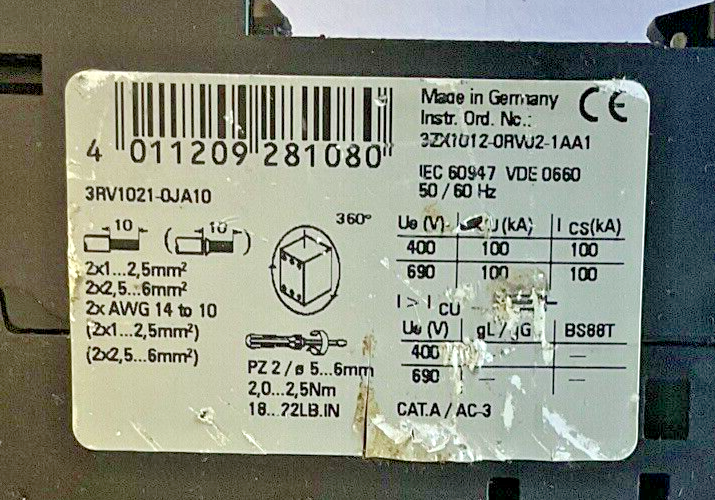 SIEMENS 3RV1021-0JA10 CIRCUIT BREAKER MOTOR CONTROL 12A 240V****LOTOF3****7