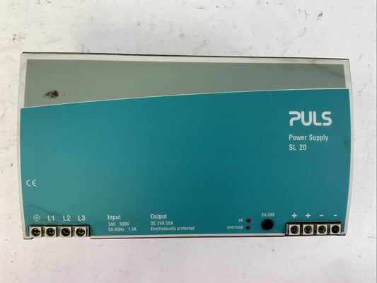 PULS SL 20 POWER SUPPLY OUTPUT 24VDC 20A INPUT 500VAC 50-60HZ 1.5A0