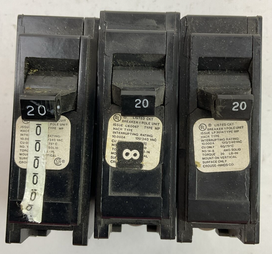 CROUSE-HINDS MP120 1POLE CIRCUIT BREAKER 20AMP 120/240VAC TYPE MP (LOT OF 3)0