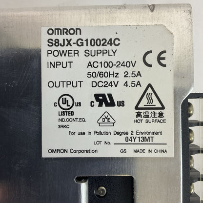 OMRON S8JX-G10024C POWER SUPPLY OUTPUT 24VDC 4.5A INPUT 100-240VAC 50/60HZ 2.5A1