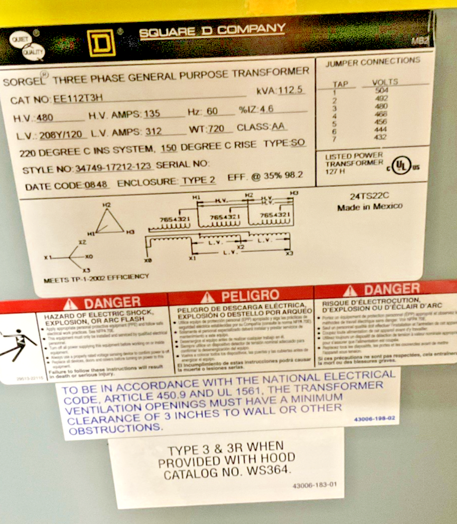 SQUARE D EE112T3H GENERAL PURPOSE TRANSFORMER 3PH 112.5KVA CLASS:AA TYPE:SO1
