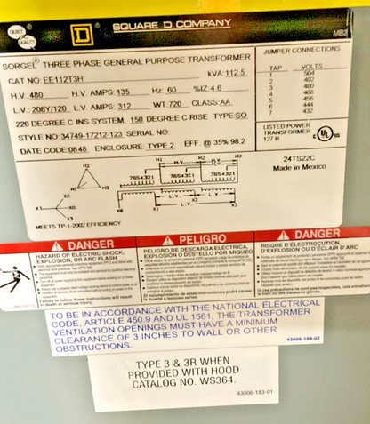 SQUARE D EE112T3H GENERAL PURPOSE TRANSFORMER 3PH 112.5KVA CLASS:AA TYPE:SO1