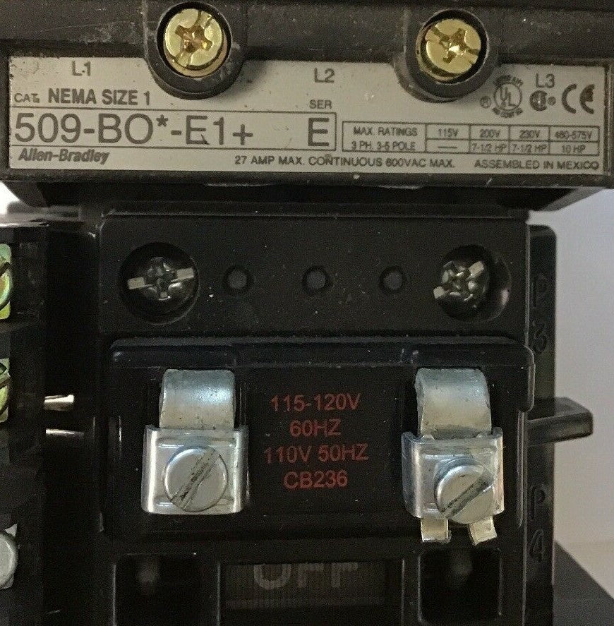 ALLEN-BRADLEY 509-BO*-E1+ SIZE 1 STARTER 120 V COIL  W/592-EECC W/595-A SER.C1