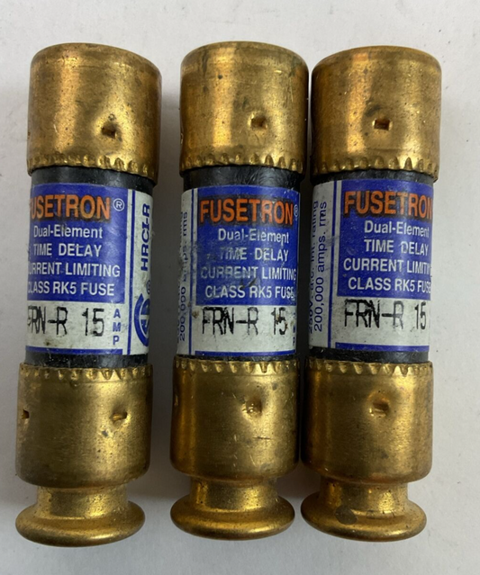 FUSETRON FRN-R 15 250VAC 15AMP DUAL-ELEMENT TIME DELAY CLASS RK5 FUSE (LOT OF 3)0