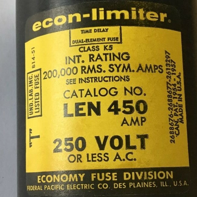 ECONOMY LEN450 FUSE CLASS K5 250VAC TIME DELAY DUAL ELEMENT ECON-LIMITER 450A3