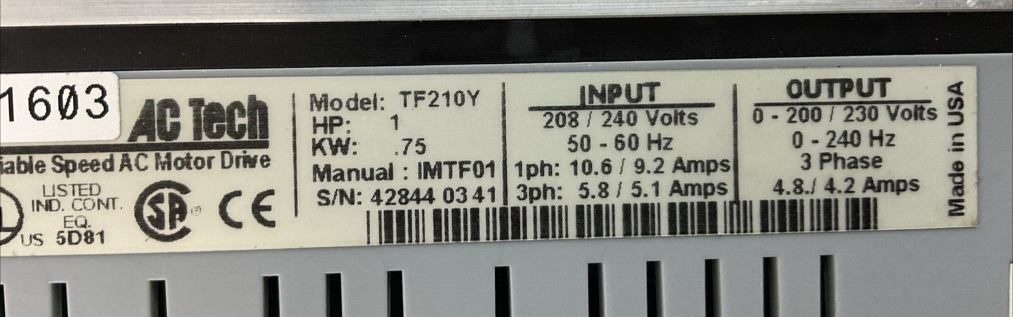 AC TECH TF210Y VARIABLE SPEED AC MOTOR DRIVE 1HP .75KW OUTPUT 230V 3PH 4.2AMP1