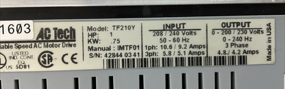 AC TECH TF210Y VARIABLE SPEED AC MOTOR DRIVE 1HP .75KW OUTPUT 230V 3PH 4.2AMP1