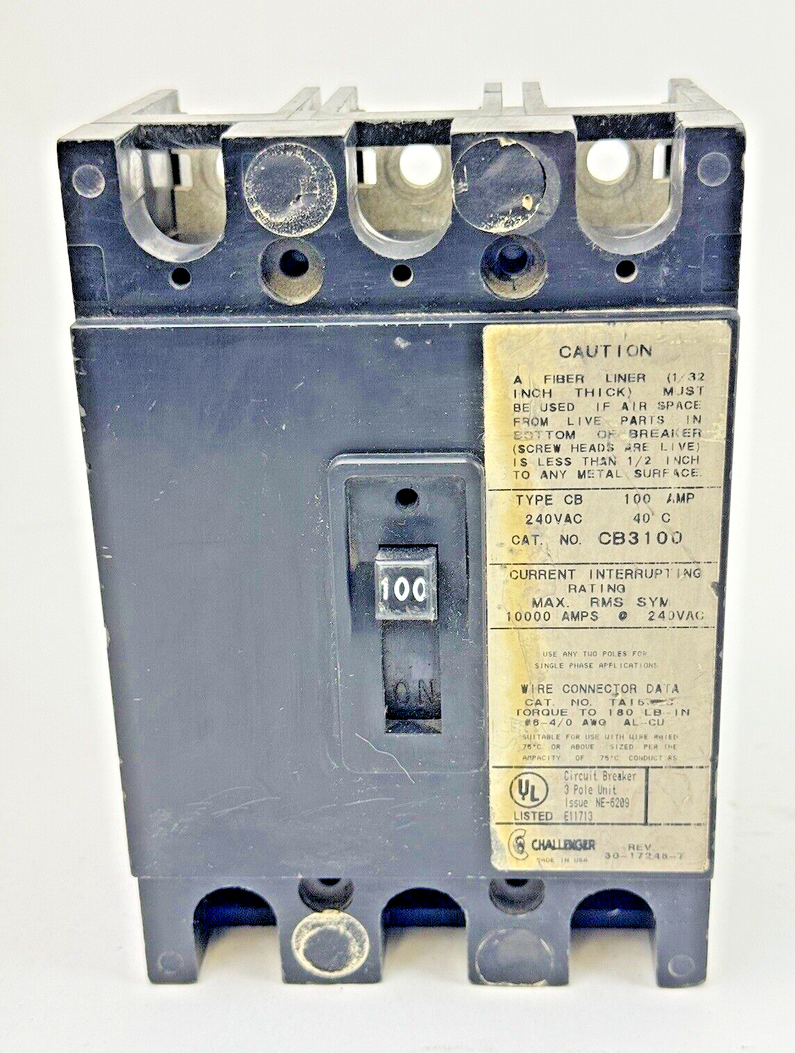 CHALLENGER - CB3100 - CIRCUIT BREAKER - 100A/3 POLE/240 VAC *NO FIBER LINER1