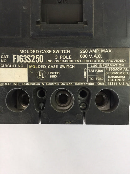 ITE SIEMENS FJ63S250 CIRCUIT BREAKER 600VAC 250AMP 3POLE1