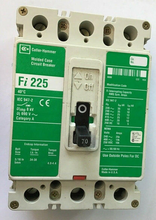CUTLER HAMMER FI225 70A 480VAC/250VDC CIRCUIT BREAKER 50/60HZ0