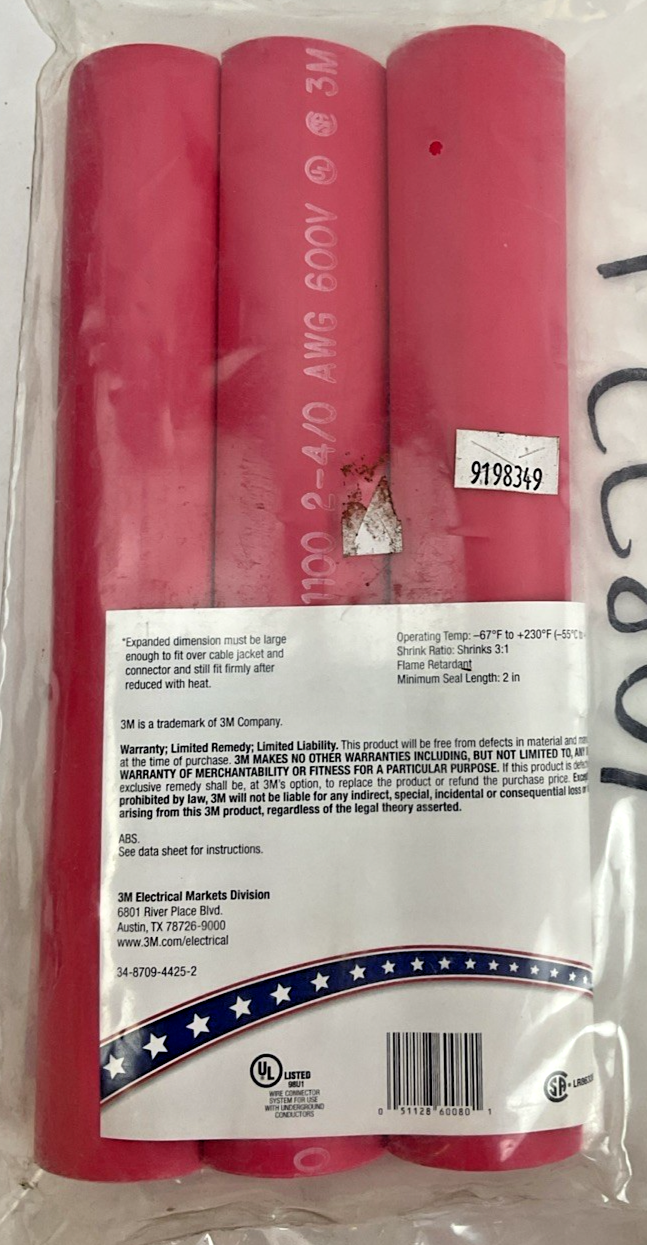 3M HEAT SHRINKING TUBING 2-4/0AWG 9IN 1.1"EXP.-0.37REC.  RED 3PACK4