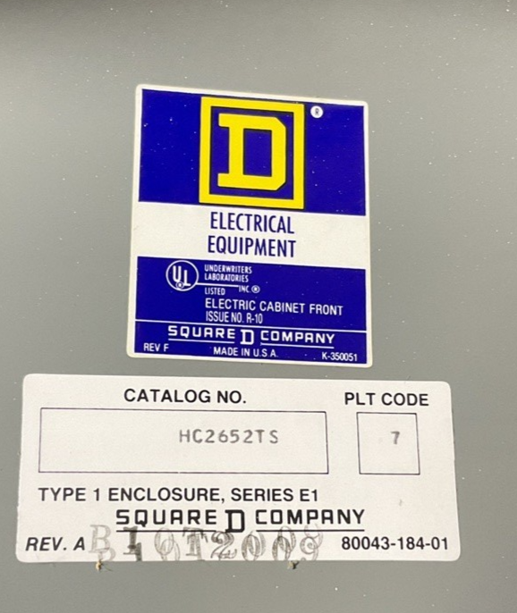 SQUARE D HC2652TS BREAKER PANELBOARD TYPE 1 SERIES E1 1452-2N 225A 250V 600VAC1