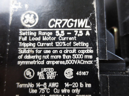 GE CR7ZB CONTACTOR + CR7G1WL OVERLOAD RELAY3