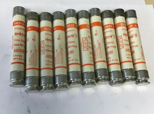 GOULD SHAWMUT A6D3R RK1 TIME DELAY FUSE AMP-TRAP II 3AMP 600VAC***LOTOF10***0