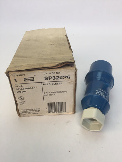 HUBBELL SP320P6 PLUG SPLASHPROOF EIC 309 PIN & SLEEVE 20A 250VAC 2 POLE 3 WIRE 0