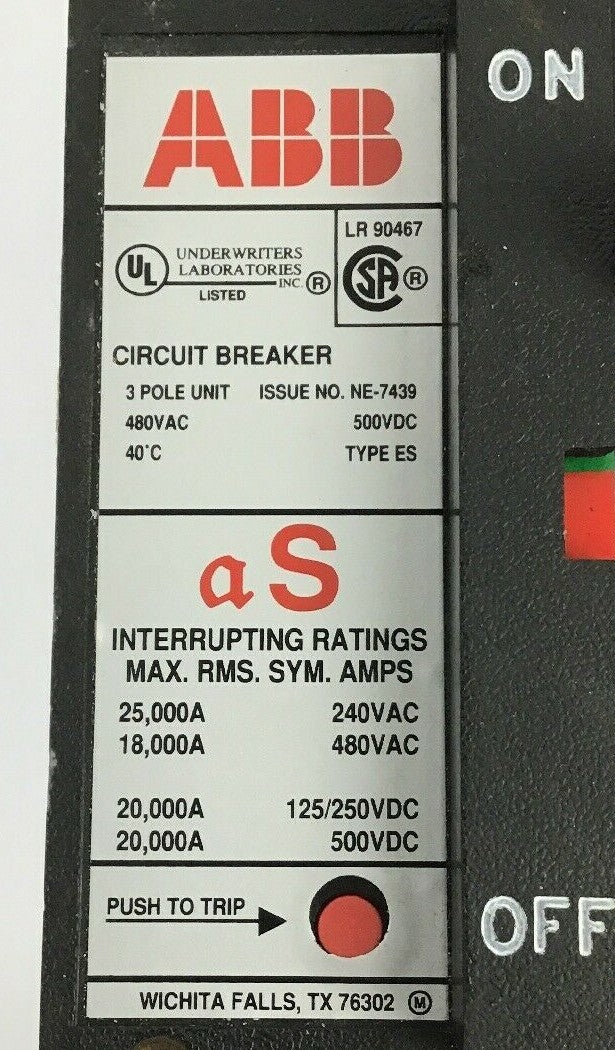 ABB UXAB 727131 R 105 25AMP CIRCUIT BREAKER 500VDC 3POLE TYPE ES 480VAC1
