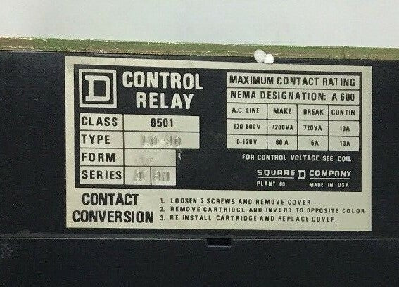 SQUARE D 8501 L0-30 MAGNETIC CONTROL RELAY SER.A COIL12060/110-50 BM 5