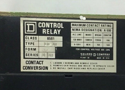 SQUARE D 8501 L0-30 MAGNETIC CONTROL RELAY SER.A COIL12060/110-50 BM 5