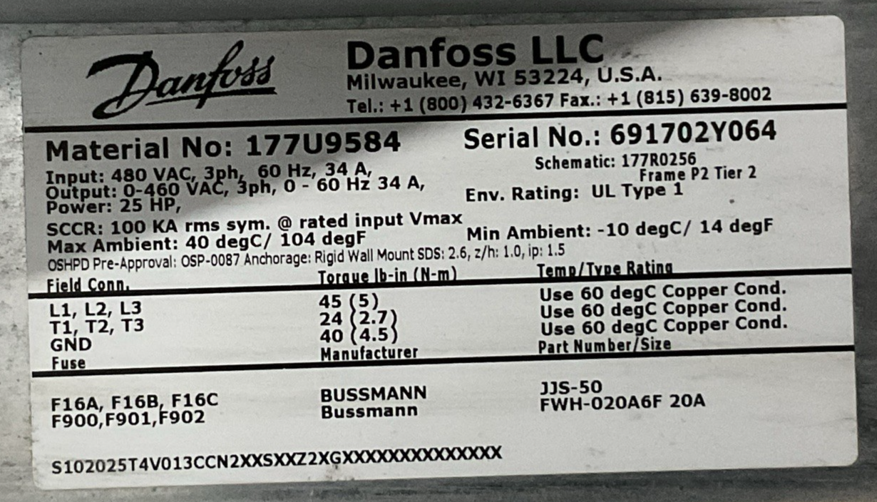 DANFOSS 177U9584 MOTOR AC DRIVE OUPUT 0-460VAC 3PH 0-60HZ 34A 25HP INPUT 480VAC1