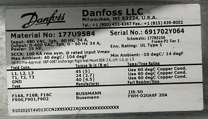 DANFOSS 177U9584 MOTOR AC DRIVE OUPUT 0-460VAC 3PH 0-60HZ 34A 25HP INPUT 480VAC1