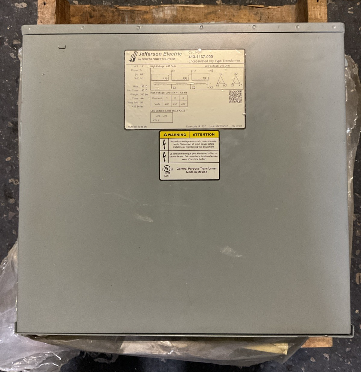 JEFFERSON ELECTRIC 413-1167-000 15KVA 3PH 60HZ HIGH VOLTAGE 480 DELTA LOW VOLTAG0