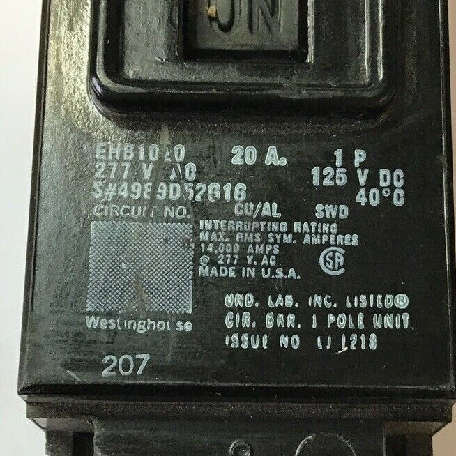 WESTINGHOUSE EHB1020 CIRCUIT BREAKER 20A 277VAC 125VDC 1P***LOTOF3***2