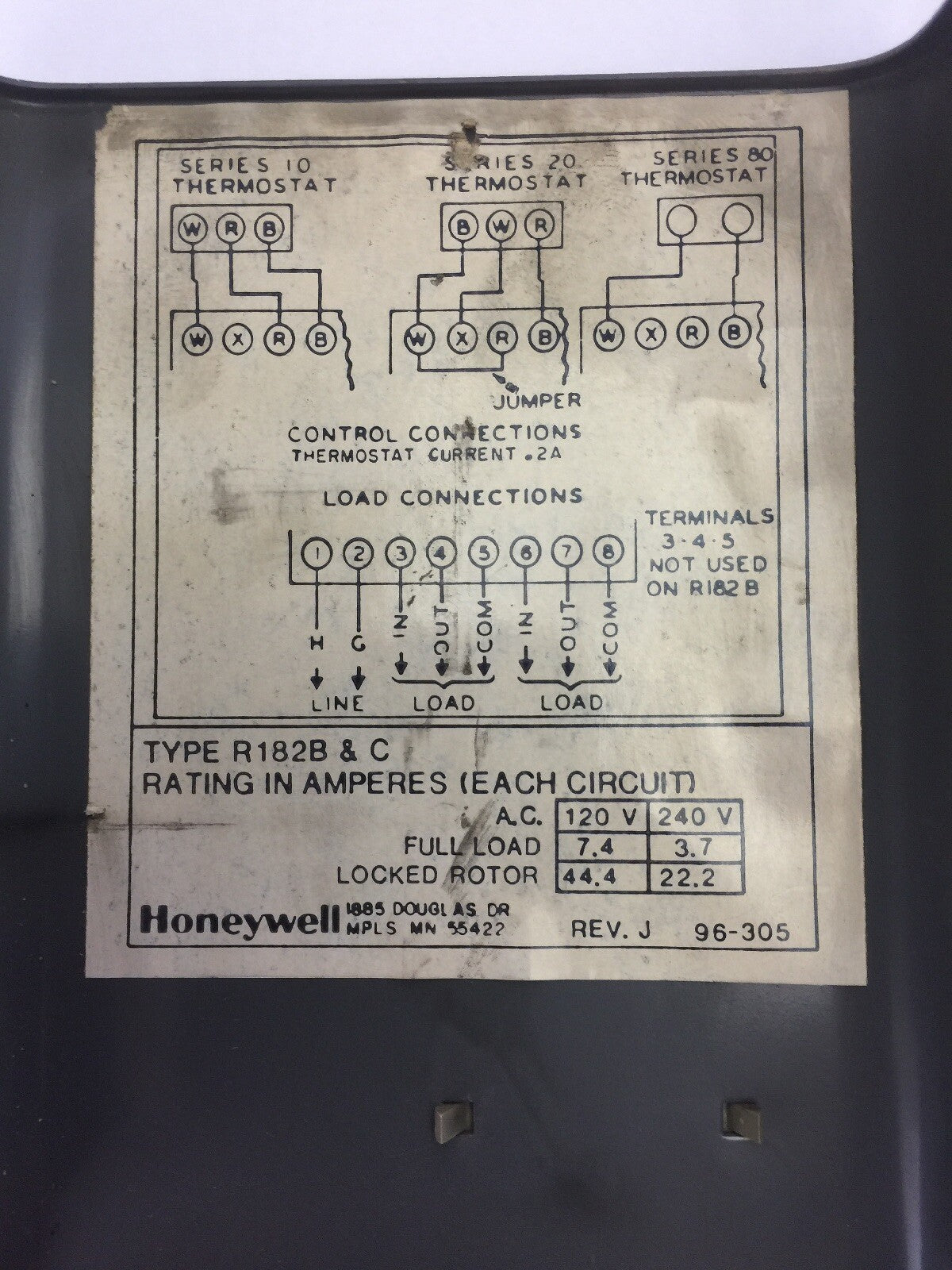 HONEYWELL R182C 1051 SWITCHING RELAY 120V 50-60CY TYPE R182B & C 44.4AMP4