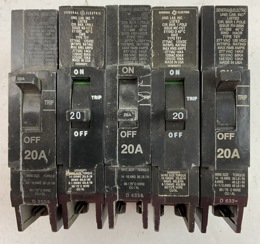 GE TEY120 20AMP 277VAC 125VDC 1POLE CIRCUIT BREAKER (LOT OF 5)0