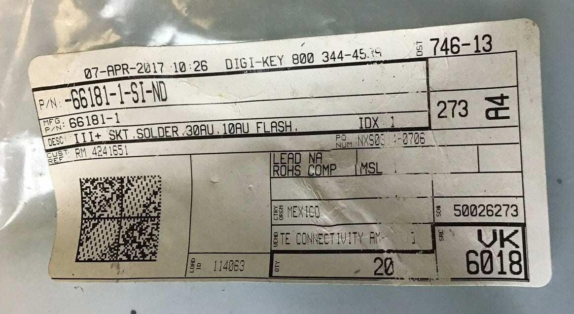 DIGI-KEY TE CONNECTIVITY 66181-1-SI-ND PIN III+ SKT SOLDER  ****LOTOF20****1